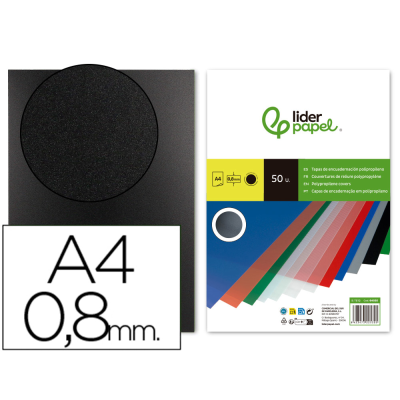Tapa encuadernacion liderpapel polipropileno a4 0.8mm negro opaco paquete de 50 unidades