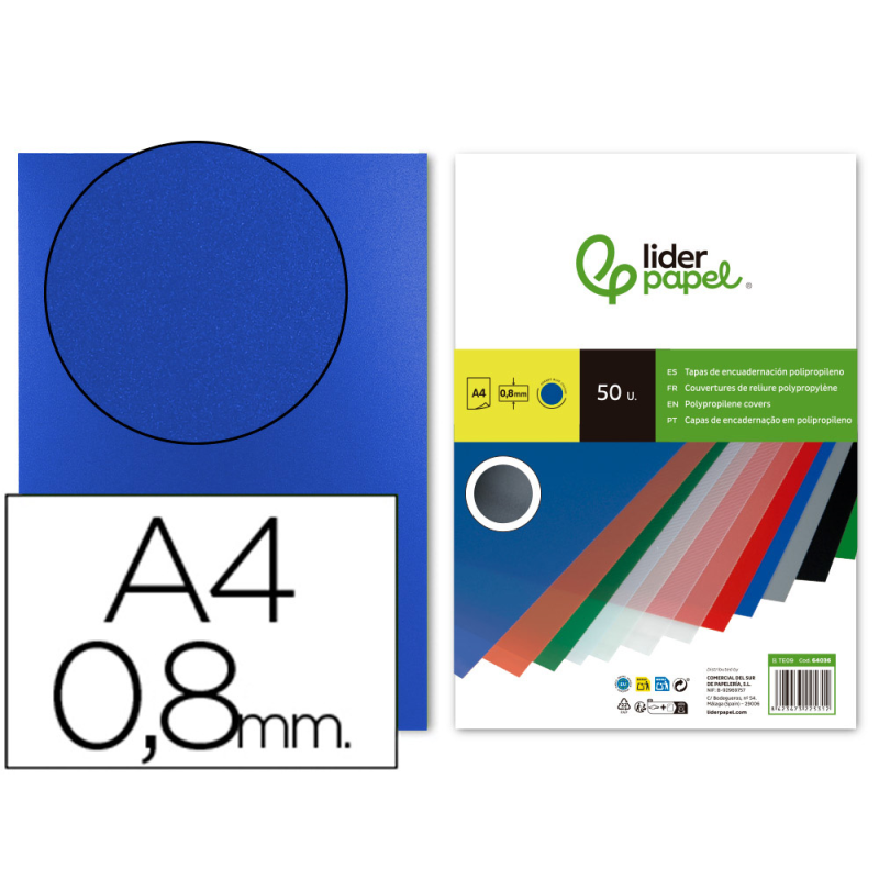 Tapa encuadernacion liderpapel polipropileno a4 0.8mm azul opaco paquete de 50 unidades