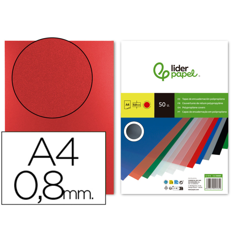 Tapa encuadernacion liderpapel polipropileno a4 0.8mm rojo opaco paquete de 50 unidades