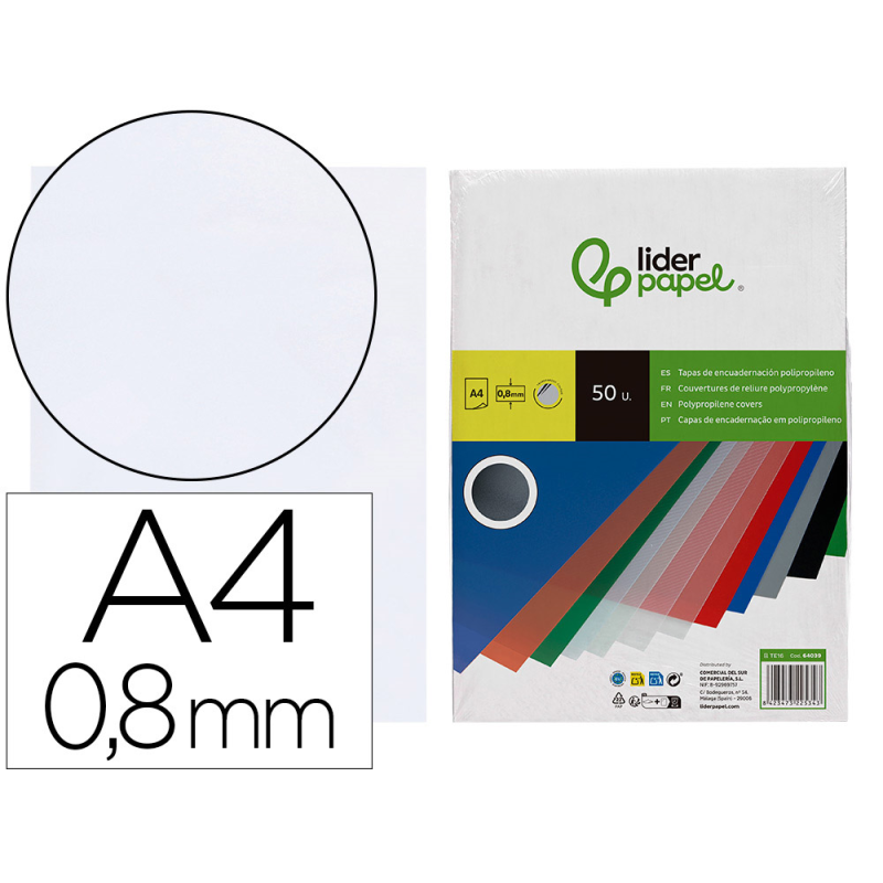 Tapa encuadernacion liderpapel polipropileno a4 0.8mm transparente paquete de 50 unidades