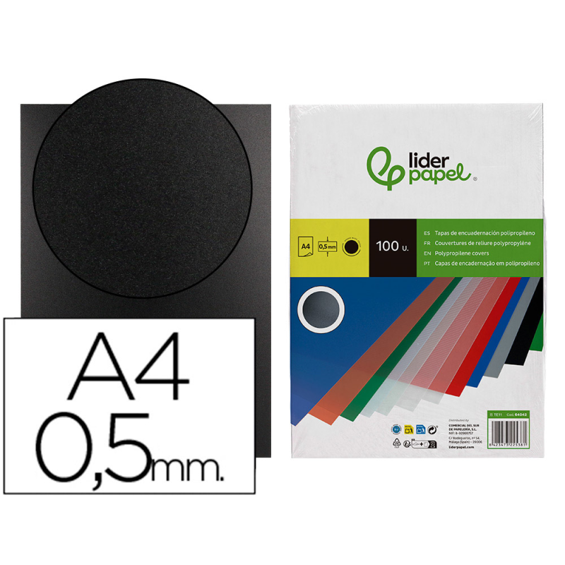 Tapa encuadernacion liderpapel polipropileno a4 0.5mm negro opaco paquete de 100 unidades