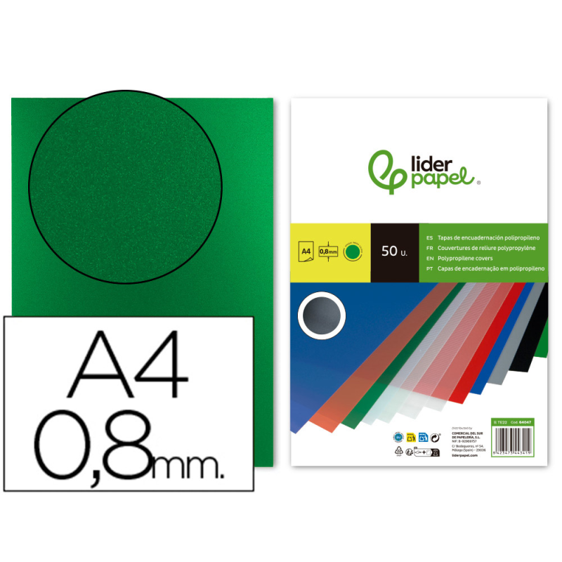 Tapa encuadernacion liderpapel polipropileno a4 0.8mm verde opaco paquete de 50 unidades