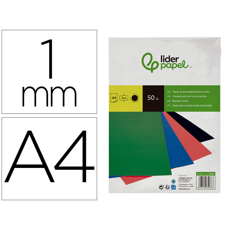 Tapa encuadernacion liderpapel carton a4 1mm negra paquete de 50 unidades
