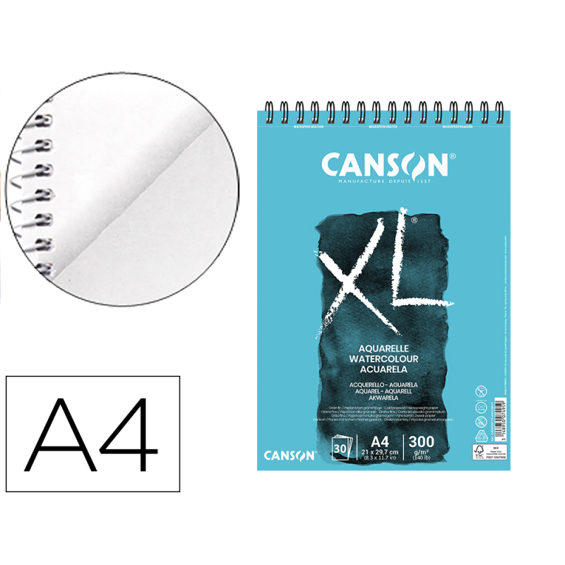 Bloc dibujo acuarela canson xl aquarelle grano fino din a4 microperforado espiral 21x29,7 cm 30 hojas 300 gr/m2