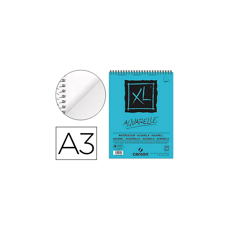 Bloc dibujo acuarela canson xl aquarelle grano fino din a3 microperforado espiral 29,7x42 cm 30 hojas 300 gr/m2