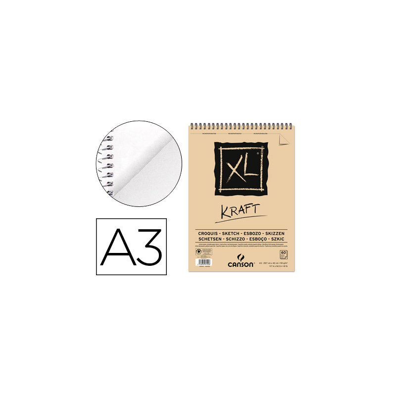 Bloc dibujo esbozo canson xl kraft din a3 kraft rayado beige espiral 29,7x42 cm 60 hojas 90 gr/m2