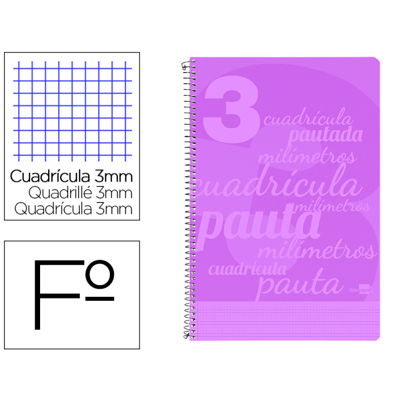 Cuaderno espiral liderpapel folio pautaguia tapa plastico 80h 75gr cuadro pautado 3mm con margen color violeta