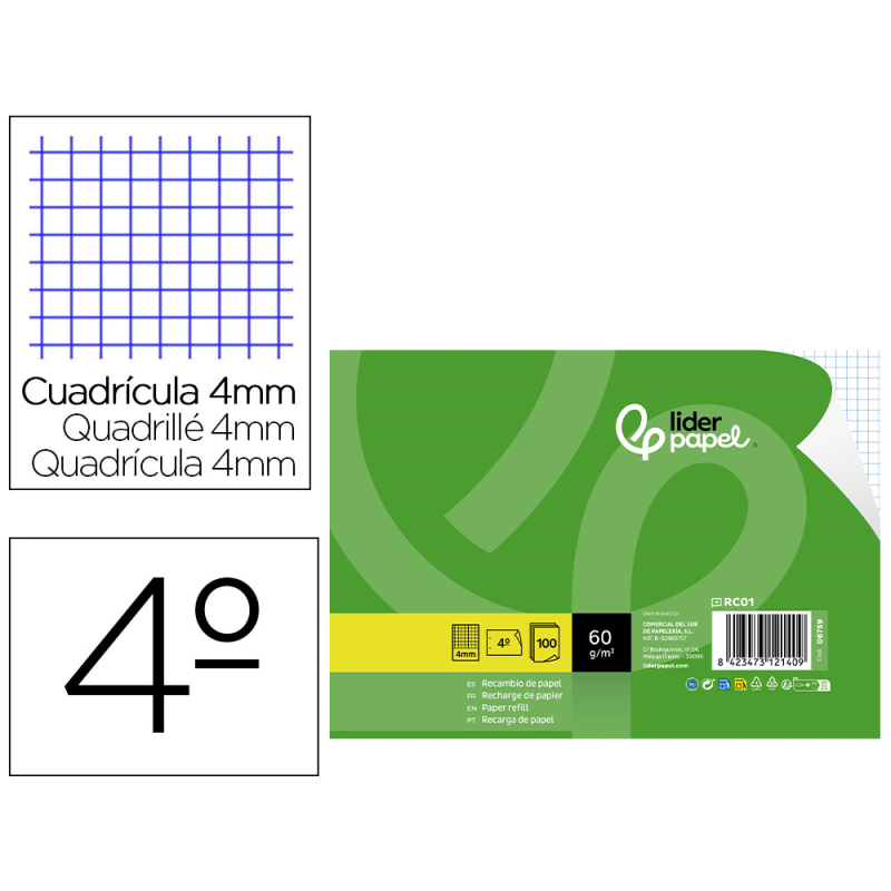 Recambio liderpapel cuarto apaisado 100 hojas 60gr cuadro 4 mm 2 taladros con margen