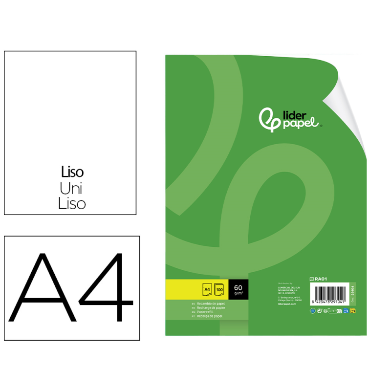 Recambio liderpapel a4 100 hojas 60gr liso sin margen 4 taladros