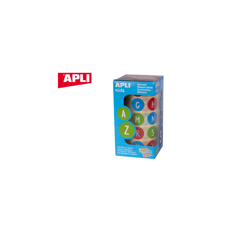 Gomets apli autoadhesivo redondo abecedario 20 mm diametro multicolor rollo de 900 unidades