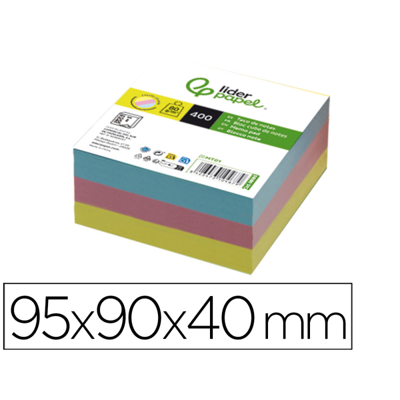 Taco papel liderpapel sin encolar colores 400 hojas 95x90x40 mm 80 gr