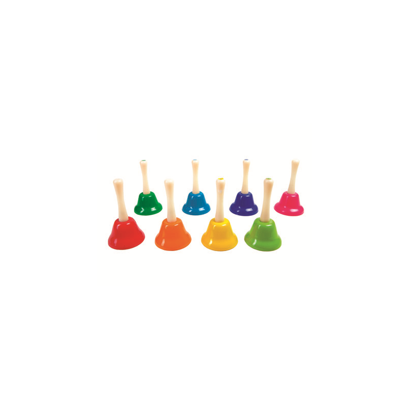 Campanita pequeña amaya de mano con mango tradicional escala diatonica set de 8 unidades colores surtidos
