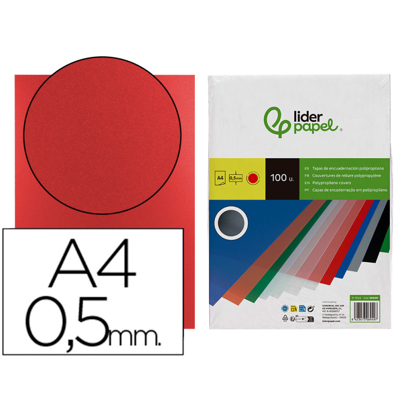 Tapa encuadernacion liderpapel polipropileno a4 0.5mm rojo opaco paquete de 100 unidades