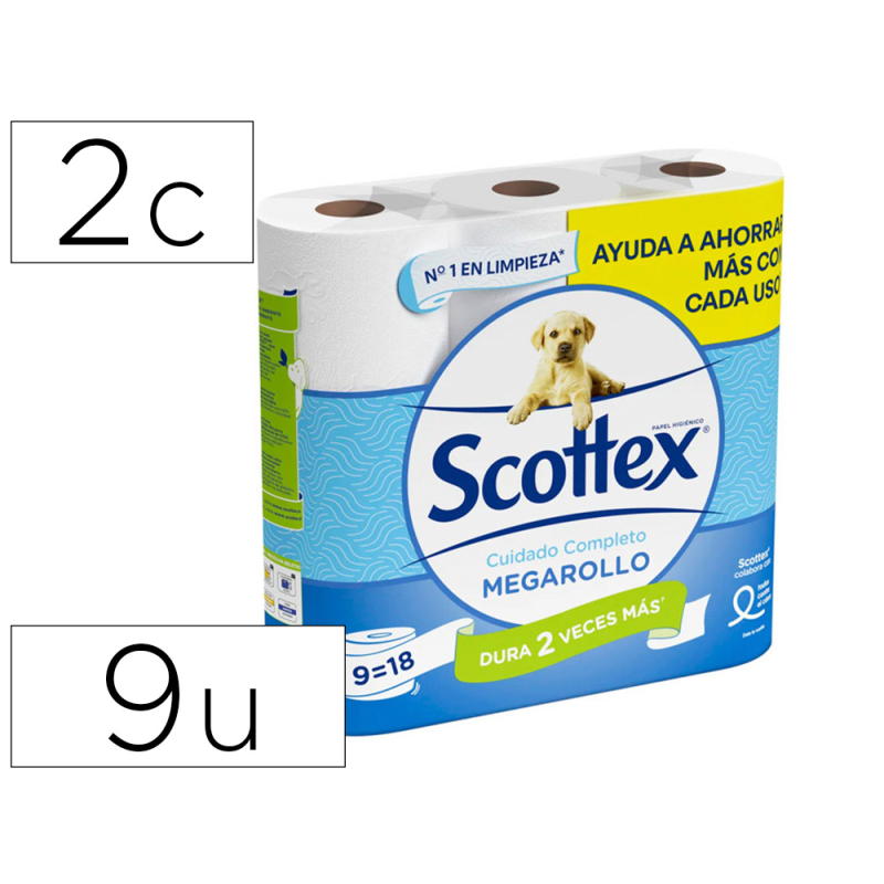 Papel higienico scottex megarrollo doble largo 2 capas paquete de 9 rollos