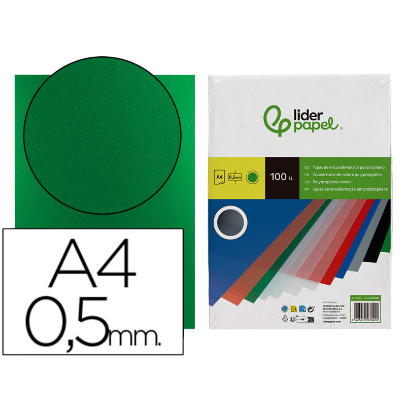 Tapa encuadernacion liderpapel polipropileno a4 0.5mm verde opaco paquete de 100 unidades