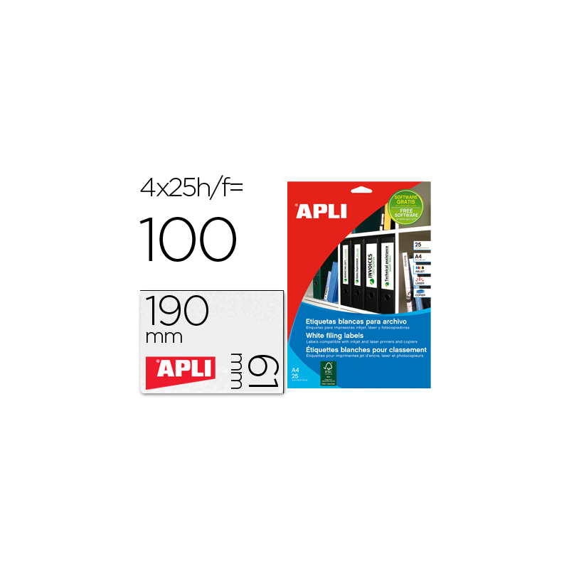 Etiqueta adhesiva apli 1233 tamaño 190x61 mm para fotocopiadora laser ink-jet caja 25 hojas con 100