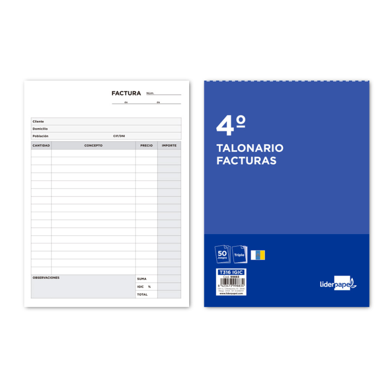 Talonario liderpapel facturas cuarto original y 2 copias t316 con i.g.i.c.