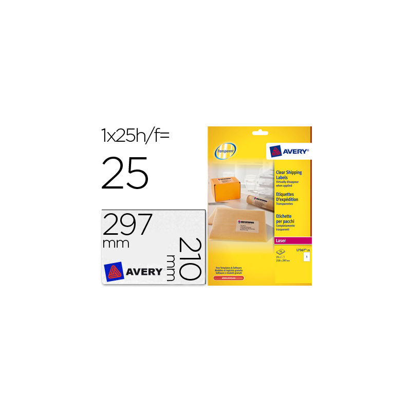 Etiqueta adhesivas resistente avery transparente 210x297 mm caja de 25 unidades