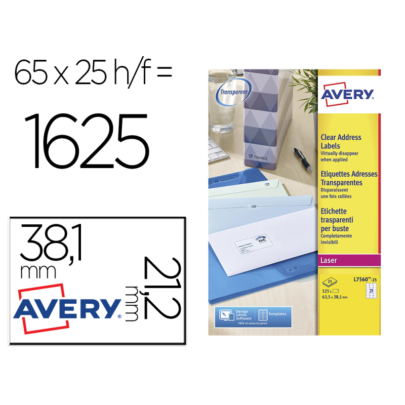 Etiqueta adhesivas resistente avery transparente 38,1x21,2 mm caja de 1625 unidades