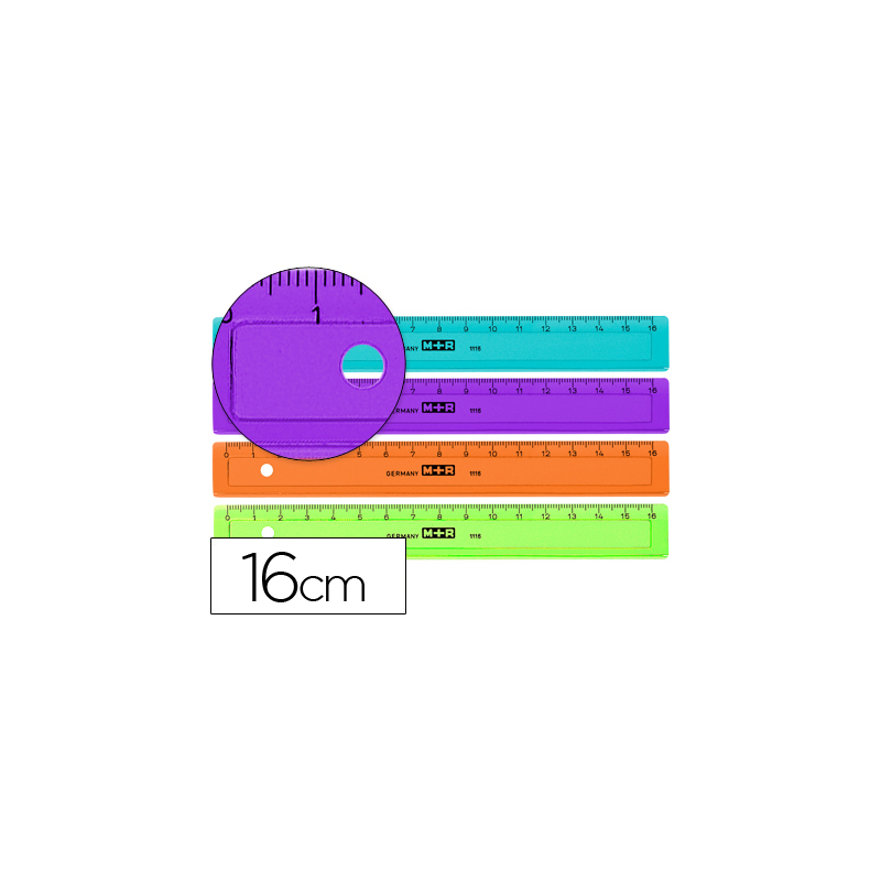 Regla m+r 16 cm plastico graduada y biselada colores surtidos