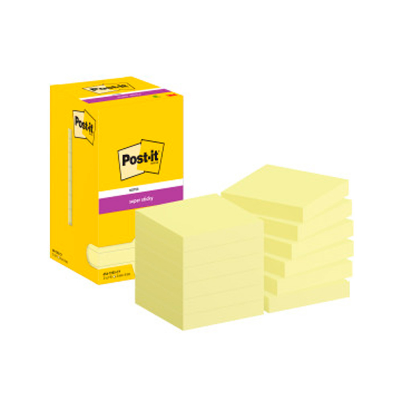 Bloc de notas adhesivas quita y pon post-it super sticky 76x76 mm con 12 bloc amarillo canario