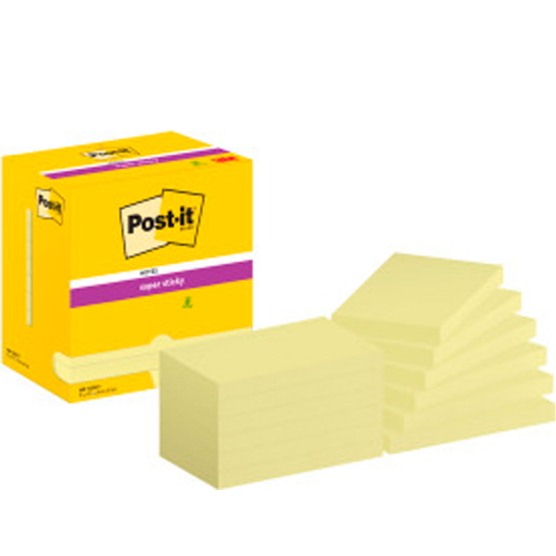 Bloc de notas adhesivas quita y pon post-it super sticky 76x127 mm con 12 bloc amarillo canario