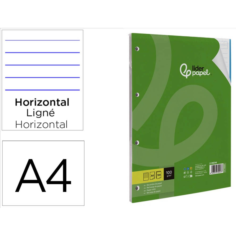 Recambio liderpapel a4 100 hojas 100gr rayado horizontal 4 taladros bandas de 5 colores