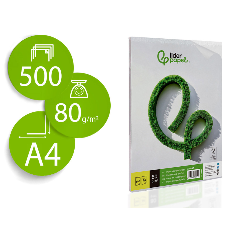 Papel liderpapel a4 80g/m2 liso microperforado en tres partes iguales paquete de 500 hojas