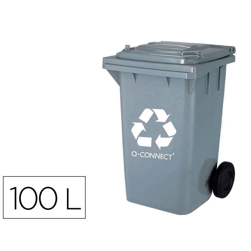 Papelera contenedor q-connect plastico gris para desechos en general 100 l con tapa y ruedas 750x470x370 mm