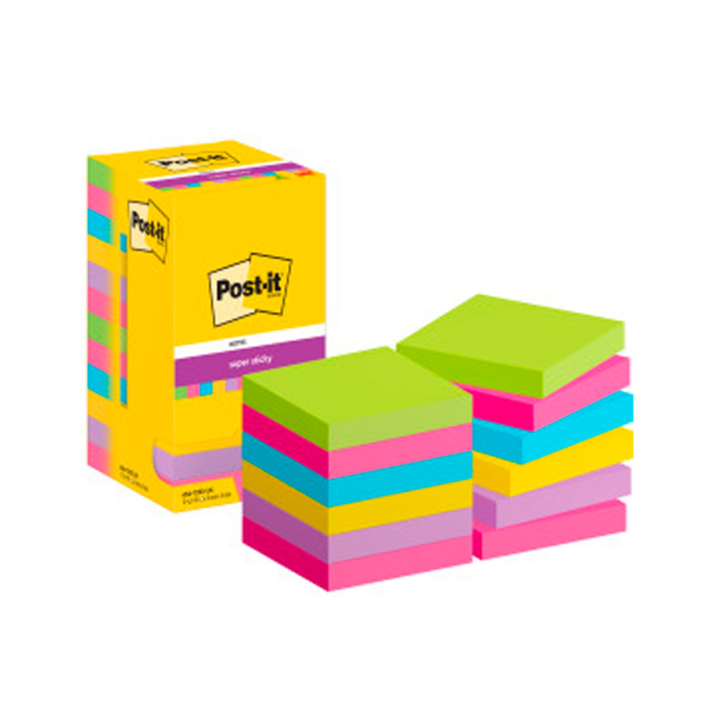 Bloc de notas adhesivas quita y pon post-it super stick ultra 76x76 mm pack de 12 bloc verde rosa amarilla