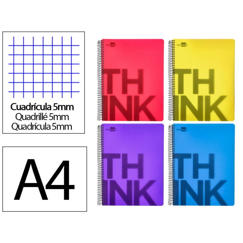 Cuaderno espiral liderpapel a4 micro think tapa plastico 140h 80gr cuadro 5mm 5 bandas 4 taladros 4