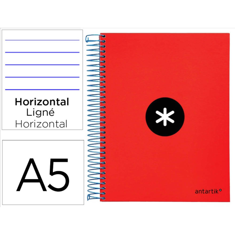 Cuaderno espiral a5 micro antartik tapa forrada 120h 90 gr horizontal 5 bandas 6 taladros color rojo