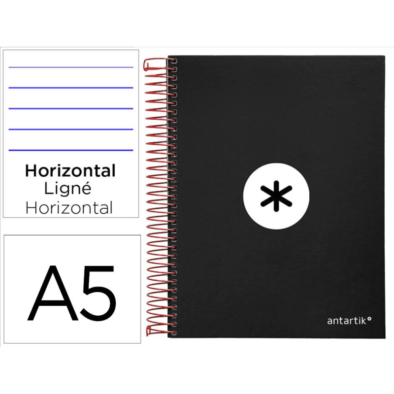Cuaderno espiral a5 micro antartik tapa forrada 120h 90 gr horizontal 5 bandas 6 taladros color negro