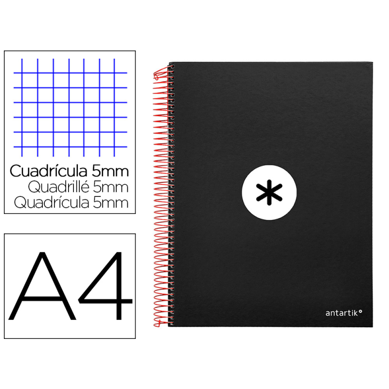 Cuaderno espiral a4 micro antartik tapa forrada 120h 90 gr cuadro 5mm 5 bandas 4 taladros color negro