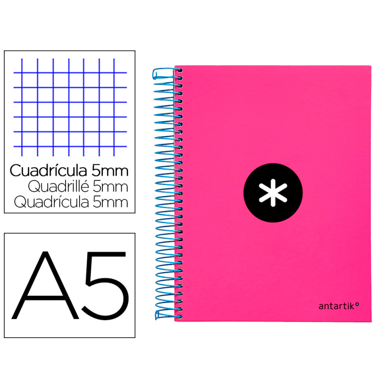 Cuaderno espiral a5 micro antartik tapa forrada 120h 90 gr cuadro 5mm 5 banda s 6 taladros color rosa