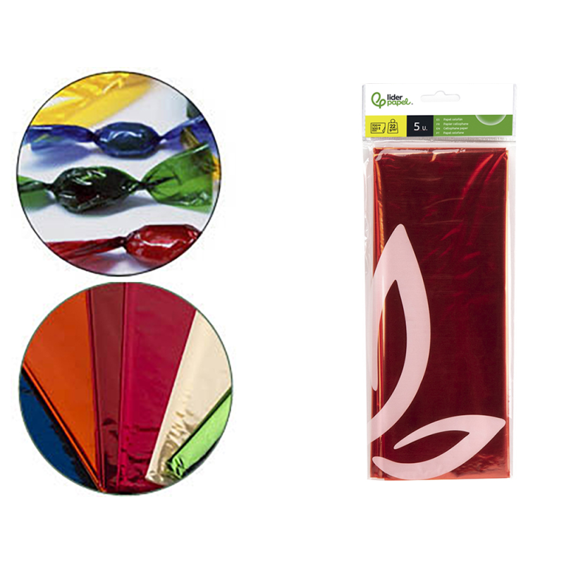 Papel celofan liderpapel 50x70 cm 22g/m2 bolsa de 5 hojas naranja