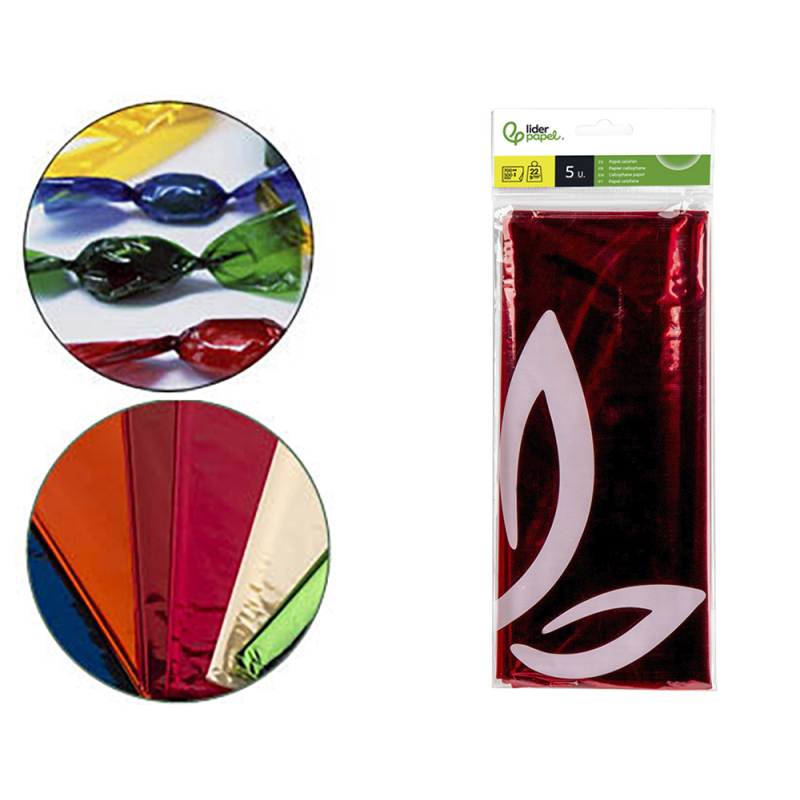 Papel celofan liderpapel 50x70 cm 22g/m2 bolsa de 5 hojas rojo
