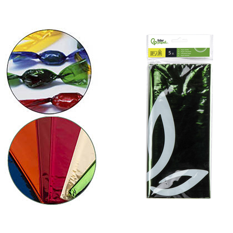 Papel celofan liderpapel 50x70 cm 22g/m2 bolsa de 5 hojas verde