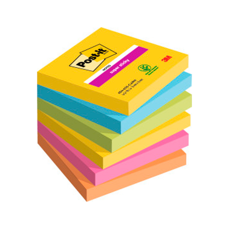 Bloc de notas adhesivas quita y pon post-it super sticky 76x76 mm con 90 hojas pack de 6 bloc colores surtidos