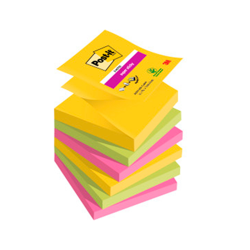 Bloc de notas adhesivas quita y pon post-it super sticky 76x76 mm con 90 hojas pack de 6 bloc colores surtidos