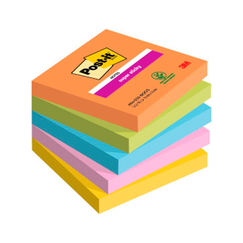 Bloc de notas adhesivas quita y pon post-it super sticky 76x76 mm con 90 hojas pack de 5 bloc colores surtidos