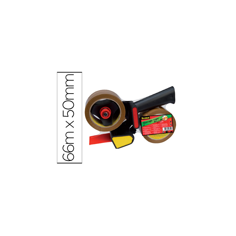 Portarrollo scotch para embalaje heavy duty bajo ruido con 2 rollos de cintas marron 50mm x 66mt