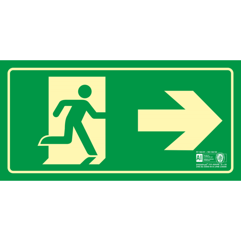 Pictograma syssa señal de salida emergencia flecha derecha en pvc fotoluminiscente 320x160 mm