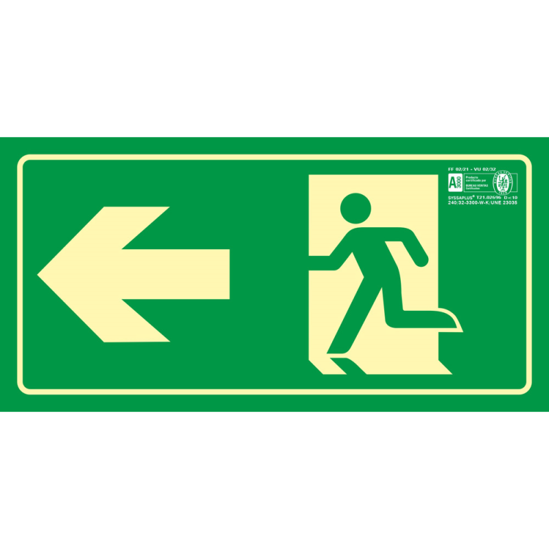 Pictograma syssa señal de salida emergencia flecha izquierda en pvc fotoluminiscente 320x160 mm
