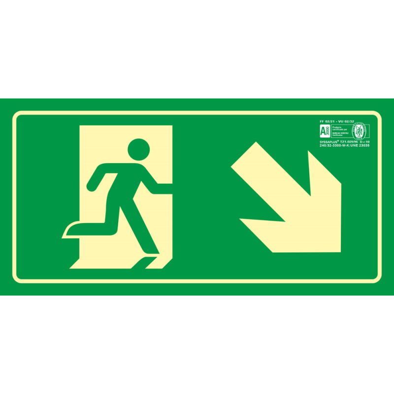 Pictograma syssa señal de salida emergencia derecha bajando en pvc fotoluminiscente 320x160 mm