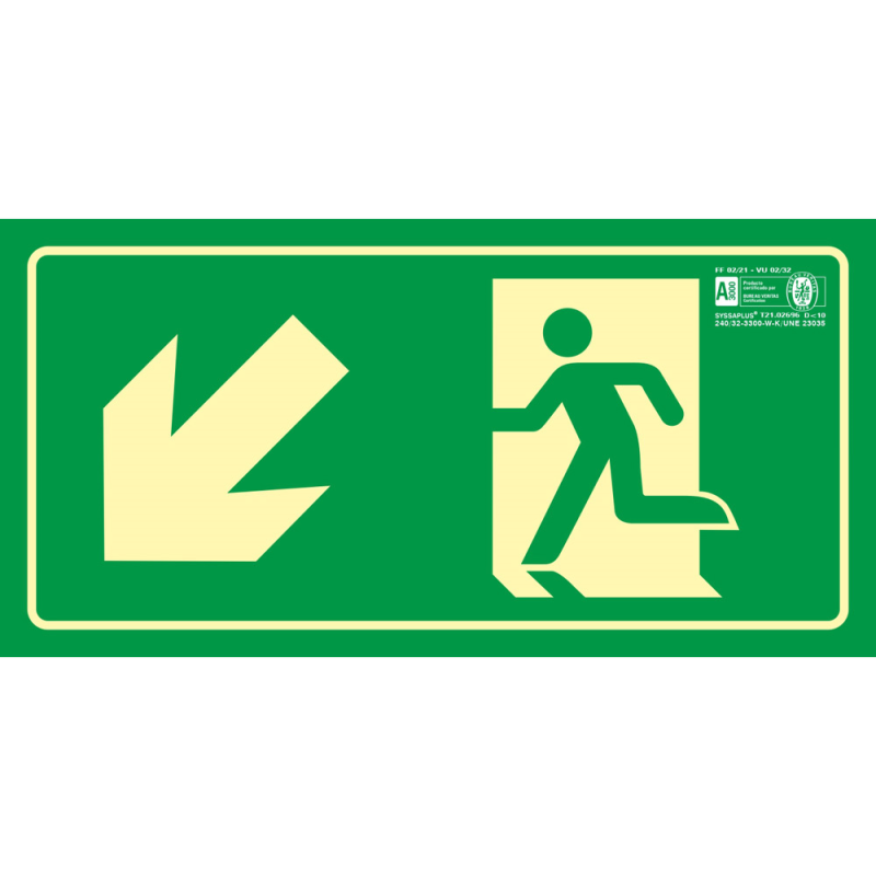 Pictograma syssa señal de salida emergencia izquierda escalera bajando en pvc fotoluminiscente 320x160 mm