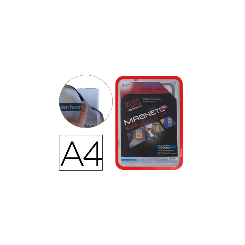 Marco porta anuncios djois magneto din a4 con 4 bandas magneticas en el dorso color rojo pack de 2 unidades