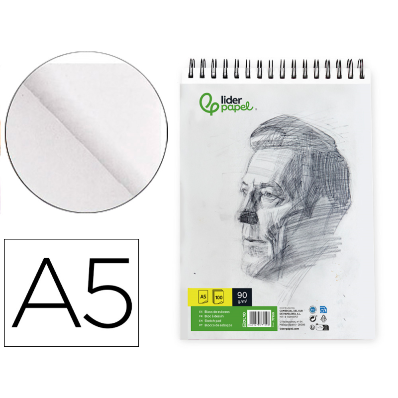 Bloc dibujo liderpapel esbozos espiral a5 148x210 mm 100 hojas 90gr/m2 sin recuadro