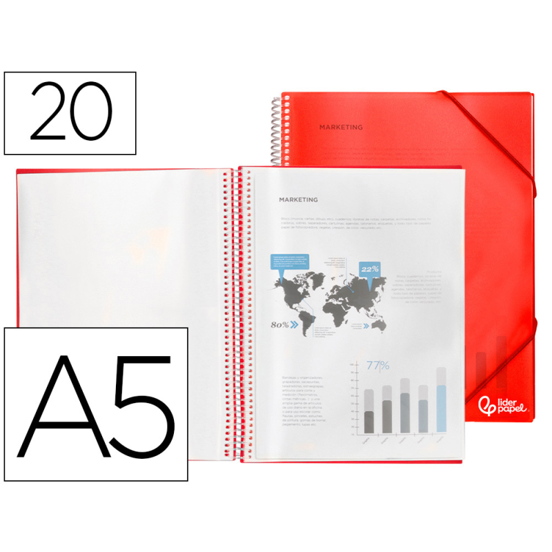 Carpeta liderpapel escaparate con espiral 20 fundas polipropileno din a5 roja