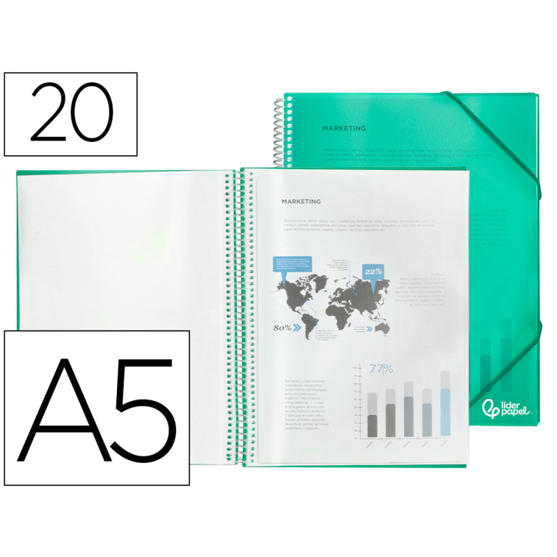 Carpeta liderpapel escaparate con espiral 20 fundas polipropileno din a5 verde